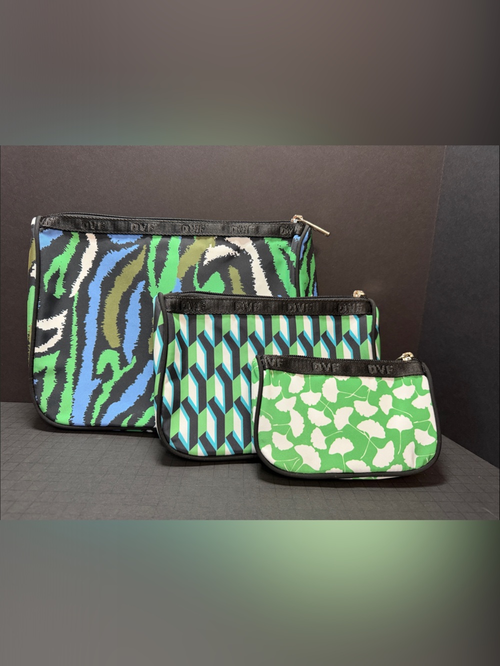 Diane Von Furstenberg Green, Blue & Black Patterned Cosmetic Pouch Set